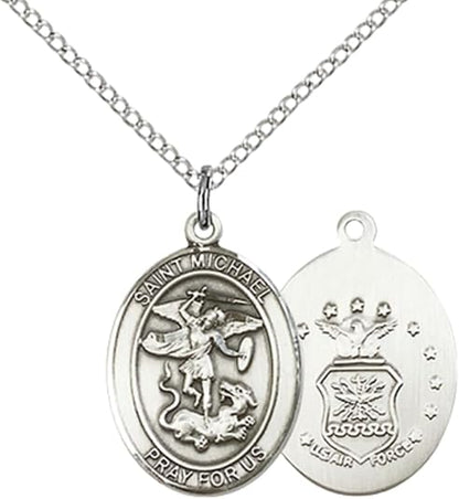 Everlasting Light Jewelry Medium Women's Pewter Saint St. Michael Air Force Pendant Necklace on 18Inch Rhodium-Plated Lite Curb Brass Chain, Catholic Medal – Patron Saint St. of Police Officers/EMTs – Velvet Gift Box Included