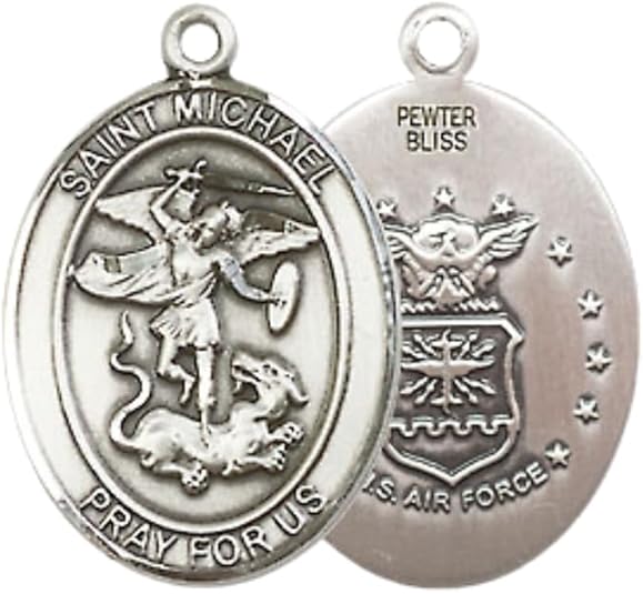 Everlasting Light Jewelry Medium Women's Pewter Saint St. Michael Air Force Pendant Necklace on 18Inch Rhodium-Plated Lite Curb Brass Chain, Catholic Medal – Patron Saint St. of Police Officers/EMTs – Velvet Gift Box Included