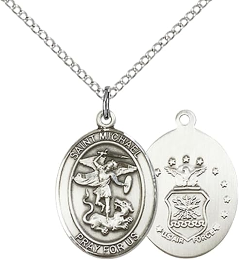 Everlasting Light Jewelry Medium Women's Pewter Saint St. Michael Air Force Pendant Necklace on 18Inch Rhodium-Plated Lite Curb Brass Chain, Catholic Medal – Patron Saint St. of Police Officers/EMTs – Velvet Gift Box Included