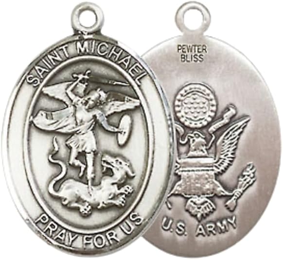 Everlasting Light Jewelry Medium Women's Pewter Saint St. Michael Army Pendant Necklace on 18- inch Rhodium- Plated Lite Curb Brass Chain – Patron Saint St. of Police Officers/EMTs, Catholic Medal – Velvet Gift Box Included