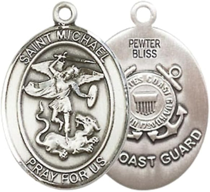 Everlasting Light Jewelry Medium Women's Pewter Saint St. Michael Coast Guard Pendant Necklace on 18- inch Rhodium- Plated Lite Curb Brass Chain – Patron Saint St. of Police Officers/EMTs, Catholic Medal – Velvet Gift Box Included