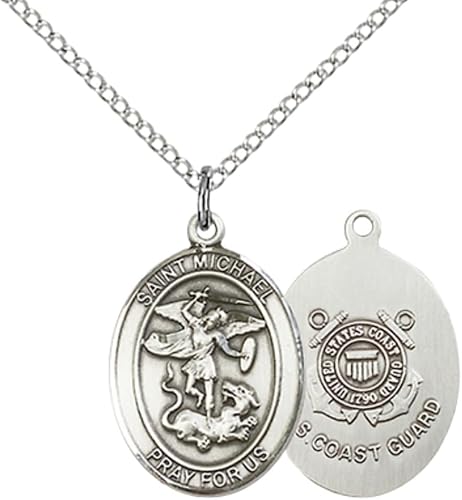 Everlasting Light Jewelry Medium Women's Pewter Saint St. Michael Coast Guard Pendant Necklace on 18- inch Rhodium- Plated Lite Curb Brass Chain – Patron Saint St. of Police Officers/EMTs, Catholic Medal – Velvet Gift Box Included