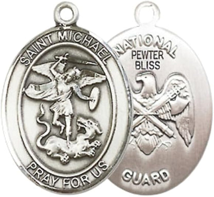 Medium Women's Pewter Saint St. Michael National Guard Pendant Necklace on 18- inch Rhodium- Plated Lite Curb Brass Chain – Patron Saint St. of Police Officers/EMTs, Catholic Medal – Velvet Gift Box Included