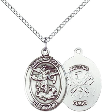 Medium Women's Pewter Saint St. Michael National Guard Pendant Necklace on 18- inch Rhodium- Plated Lite Curb Brass Chain – Patron Saint St. of Police Officers/EMTs, Catholic Medal – Velvet Gift Box Included