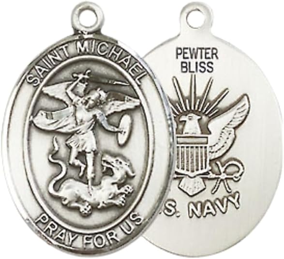 Everlasting Light Jewelry Medium Women's Pewter Saint St. Michael Navy Pendant Necklace on 18- inch Rhodium- Plated Lite Curb Brass Chain – Patron Saint St. of Police Officers/EMTs, Catholic Medal – Velvet Gift Box Included