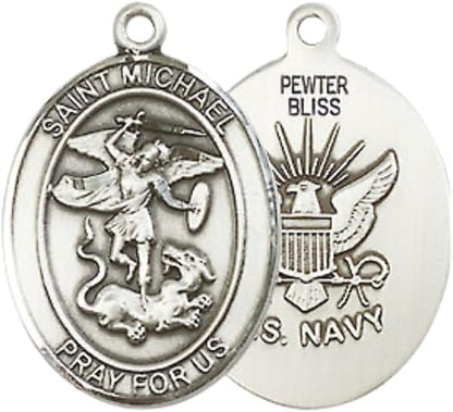 Everlasting Light Jewelry Medium Women's Pewter Saint St. Michael Navy Pendant Necklace on 18- inch Rhodium- Plated Lite Curb Brass Chain – Patron Saint St. of Police Officers/EMTs, Catholic Medal – Velvet Gift Box Included