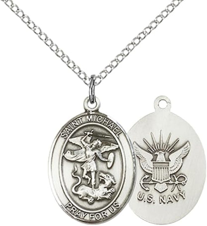 Everlasting Light Jewelry Medium Women's Pewter Saint St. Michael Navy Pendant Necklace on 18- inch Rhodium- Plated Lite Curb Brass Chain – Patron Saint St. of Police Officers/EMTs, Catholic Medal – Velvet Gift Box Included