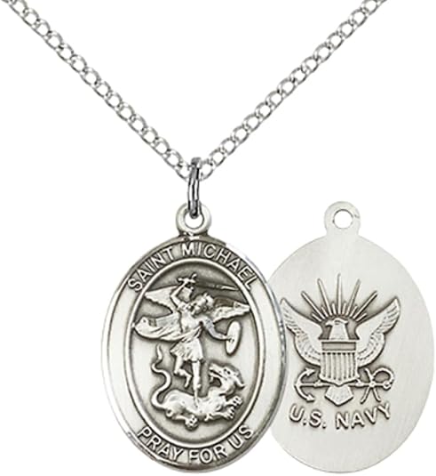 Everlasting Light Jewelry Medium Women's Pewter Saint St. Michael Navy Pendant Necklace on 18- inch Rhodium- Plated Lite Curb Brass Chain – Patron Saint St. of Police Officers/EMTs, Catholic Medal – Velvet Gift Box Included