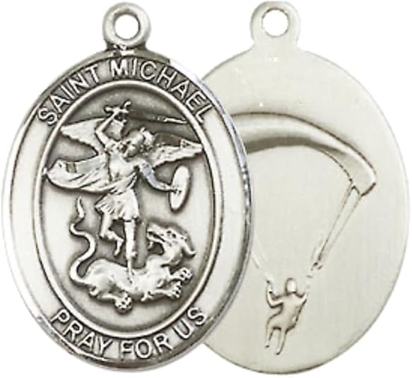 Everlasting Light Jewelry Medium Women's Pewter Saint St. Michael Paratrooper Pendant Necklace on 18- inch Rhodium- Plated Lite Curb Brass Chain – Patron Saint St. of Police Officers/EMTs, Catholic Medal – Velvet Gift Box Included