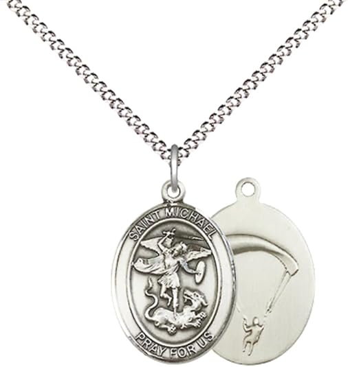 Everlasting Light Jewelry Medium Women's Pewter Saint St. Michael Paratrooper Pendant Necklace on 18- inch Rhodium- Plated Lite Curb Brass Chain – Patron Saint St. of Police Officers/EMTs, Catholic Medal – Velvet Gift Box Included