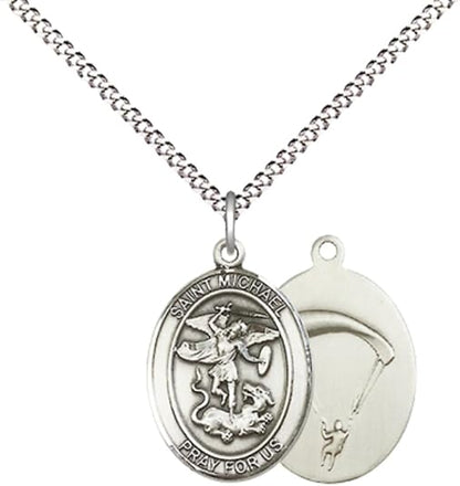 Everlasting Light Jewelry Medium Women's Pewter Saint St. Michael Paratrooper Pendant Necklace on 18- inch Rhodium- Plated Lite Curb Brass Chain – Patron Saint St. of Police Officers/EMTs, Catholic Medal – Velvet Gift Box Included