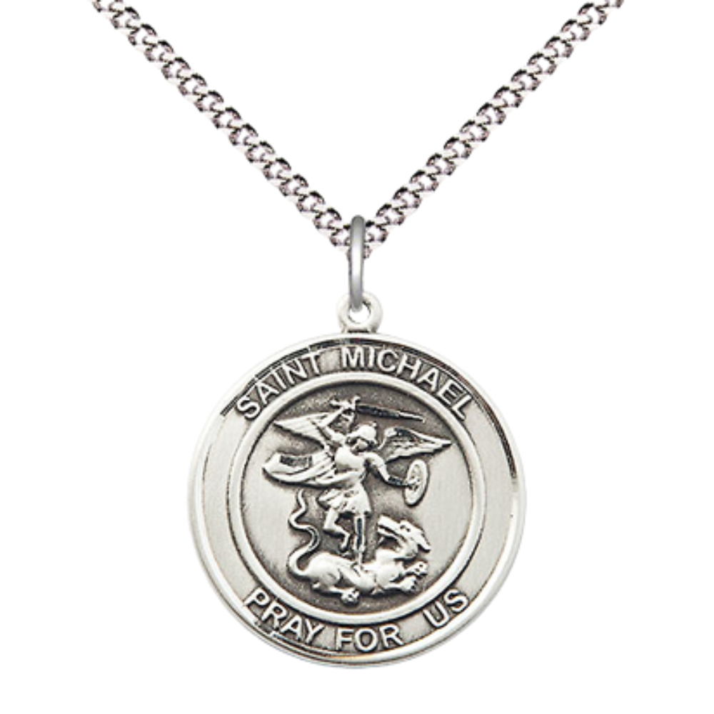 Medium Women's Pewter Saint St. Michael the Archangel Medal Pendant on 18 Inch Rhodium Plated Lite Curb Brass Chain w/ Lobster Claw clasp, Catholic Religious Necklace - Made in USA - Deluxe Velvet Gift Box