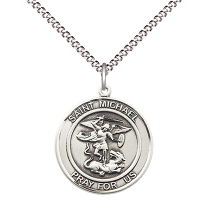 Medium Women's .925 Sterling Silver Saint St. Michael the Archangel Pendant Necklace on 18 Inch Rhodium- Plated Lite Curb Brass Chain with Lobster Claw Clasp, Catholic Medal - Patron Saint. of Police Officers & EMTs – Velvet Gift Box