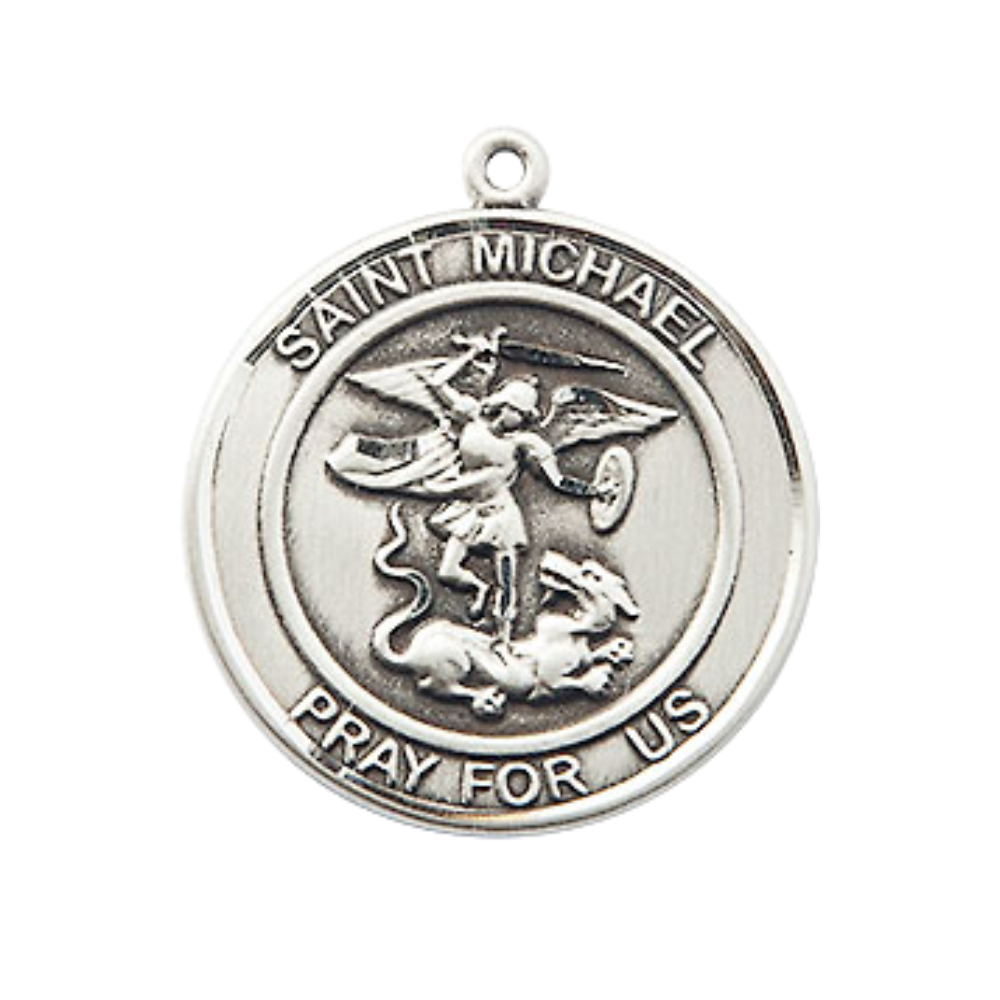 Medium Mens Round Sterling Silver Saint Michael the Archangel Medal Pendant on 24" Rhodium Plated Heavy Curb Brass Chain w/ Lobster Claw Clasp,Catholic Religious Necklace -Made in USA- Gift Boxed