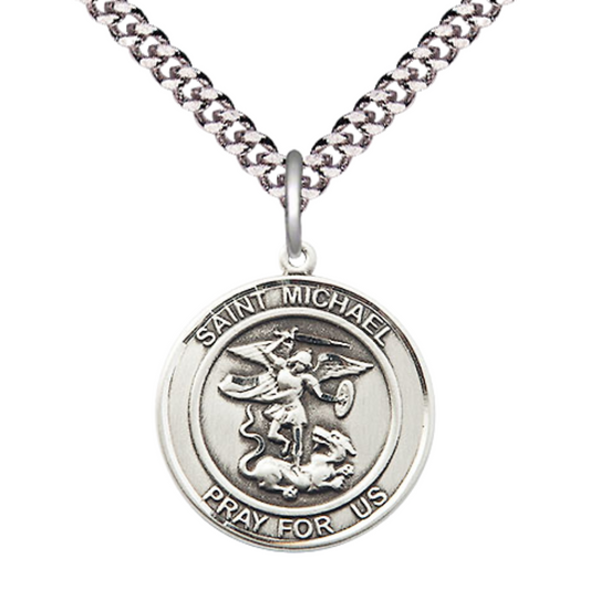 Medium Mens Round Sterling Silver Saint Michael the Archangel Medal Pendant on 24" Rhodium Plated Heavy Curb Brass Chain w/ Lobster Claw Clasp,Catholic Religious Necklace -Made in USA- Gift Boxed