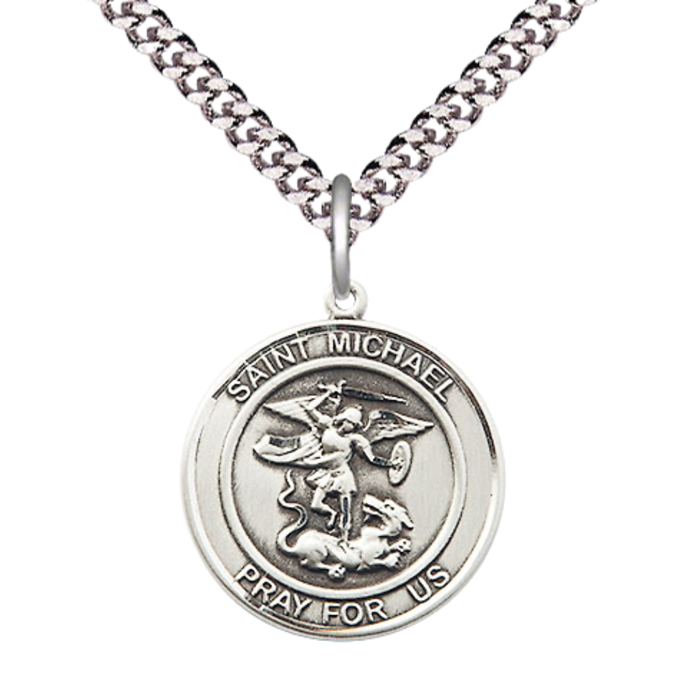 Medium Men's .925 Sterling Silver Saint St. Michael the Archangel Medal Pendant on 24 Inch Endless Rhodium Plated Heavy Curb Brass Chain, Catholic Religious Necklace - Made in USA- Deluxe Velvet Gift Box