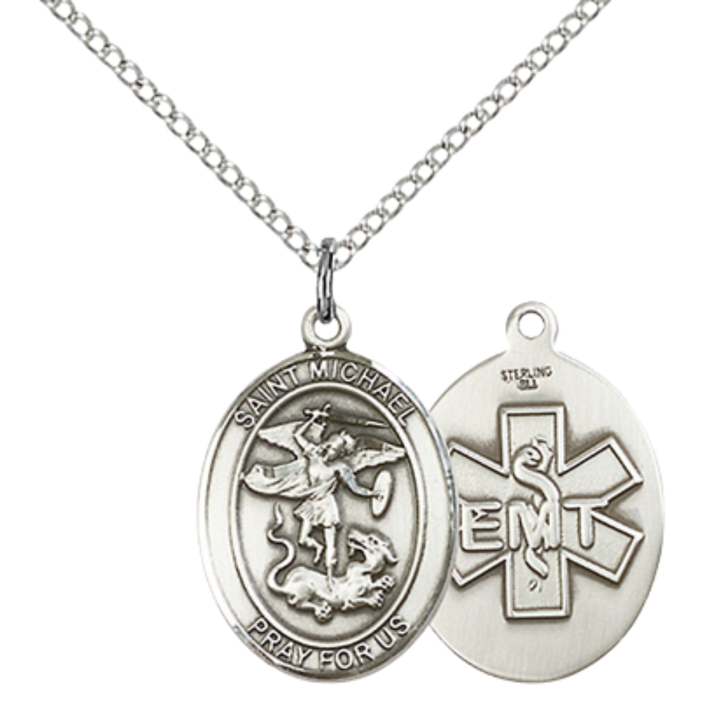 Medium Women's .925 Sterling Silver Saint St. Michael EMT Pendant Necklace with 18- Inch Rhodium Plated Lite Curb Brass Chain, Catholic Medal - Patron Saint. of Police Officers & EMTs – Includes Velvet Gift Box