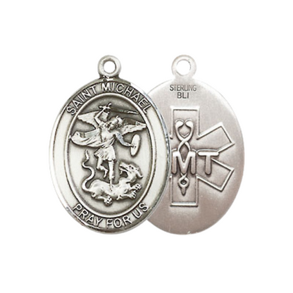 Medium Women's .925 Sterling Silver Saint St. Michael EMT Pendant Necklace with 18- Inch Rhodium Plated Lite Curb Brass Chain, Catholic Medal - Patron Saint. of Police Officers & EMTs – Includes Velvet Gift Box