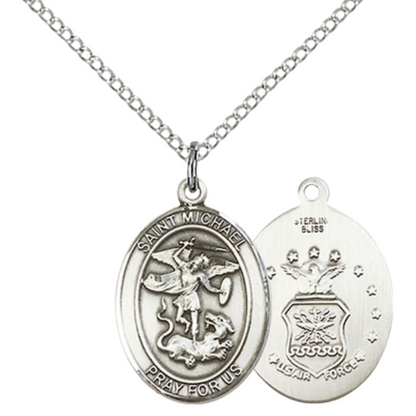Medium Women's .925 Sterling Silver Saint St. Michael Air Force Pendant Necklace with 18- Inch Rhodium Plated Lite Curb Brass Chain – Patron Saint St. of Police Officers & EMTs, Catholic Medal – Velvet Gift Box Included