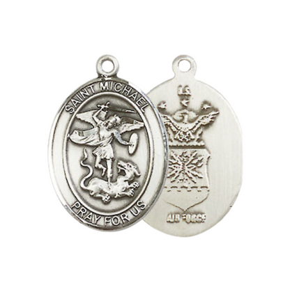 Medium Women's .925 Sterling Silver Saint St. Michael Air Force Pendant Necklace with 18- Inch Rhodium Plated Lite Curb Brass Chain – Patron Saint St. of Police Officers & EMTs, Catholic Medal – Velvet Gift Box Included