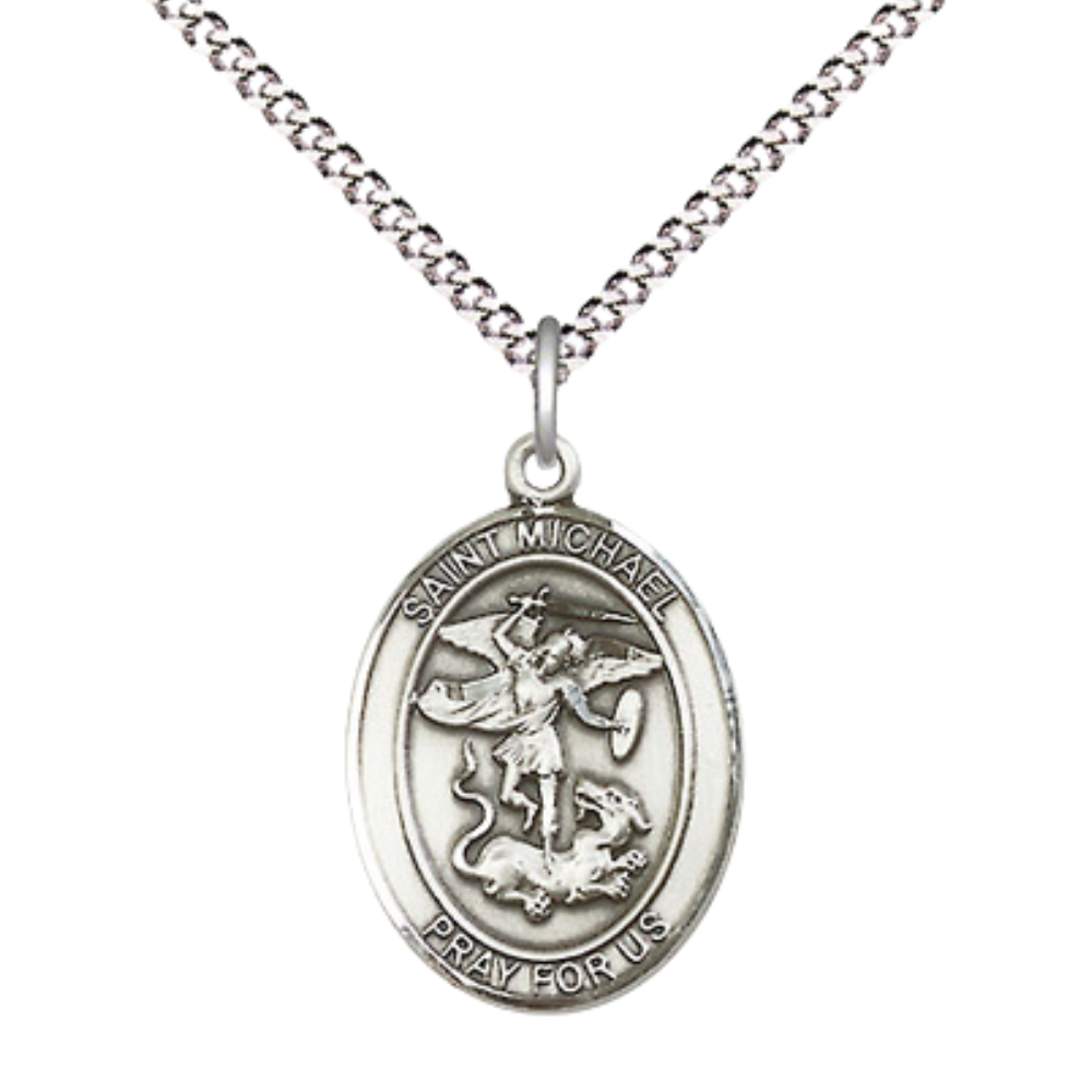 Everlasting Light Jewelry Medium Women's Pewter Saint St. Michael the Archangel Pendant Necklace on 18- inch Rhodium- Plated Lite Curb Brass Chain – Patron Saint St. of Police Officers/EMTs, Catholic Medal – Velvet Gift Box Included