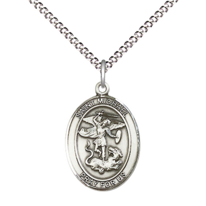 Everlasting Light Jewelry Medium Women's Pewter Saint St. Michael the Archangel Pendant Necklace on 18- inch Rhodium- Plated Lite Curb Brass Chain – Patron Saint St. of Police Officers/EMTs, Catholic Medal – Velvet Gift Box Included