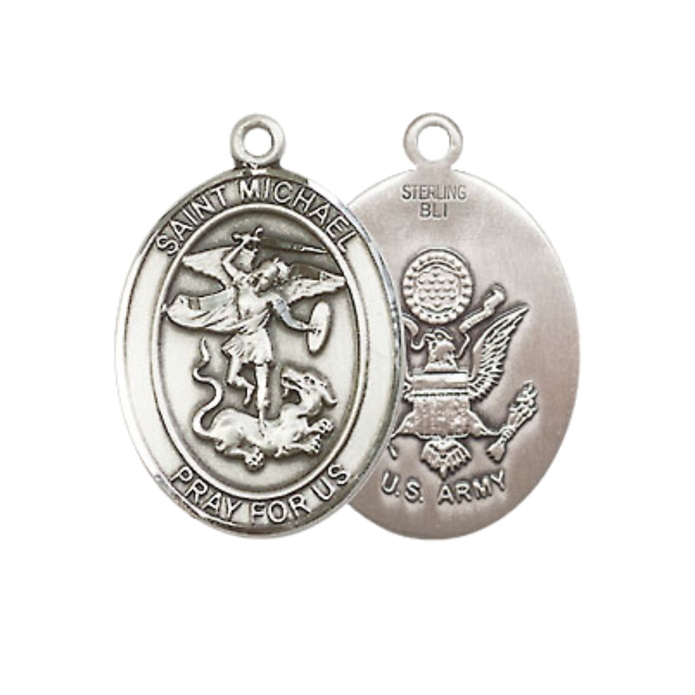 Medium Women's .925 Sterling Silver Saint St. Michael Army Pendant Necklace with 18- Inch Rhodium Plated Lite Curb Brass Chain – Patron Saint St. of Police Officers & EMTs, Catholic Medal – Velvet Gift Box Included