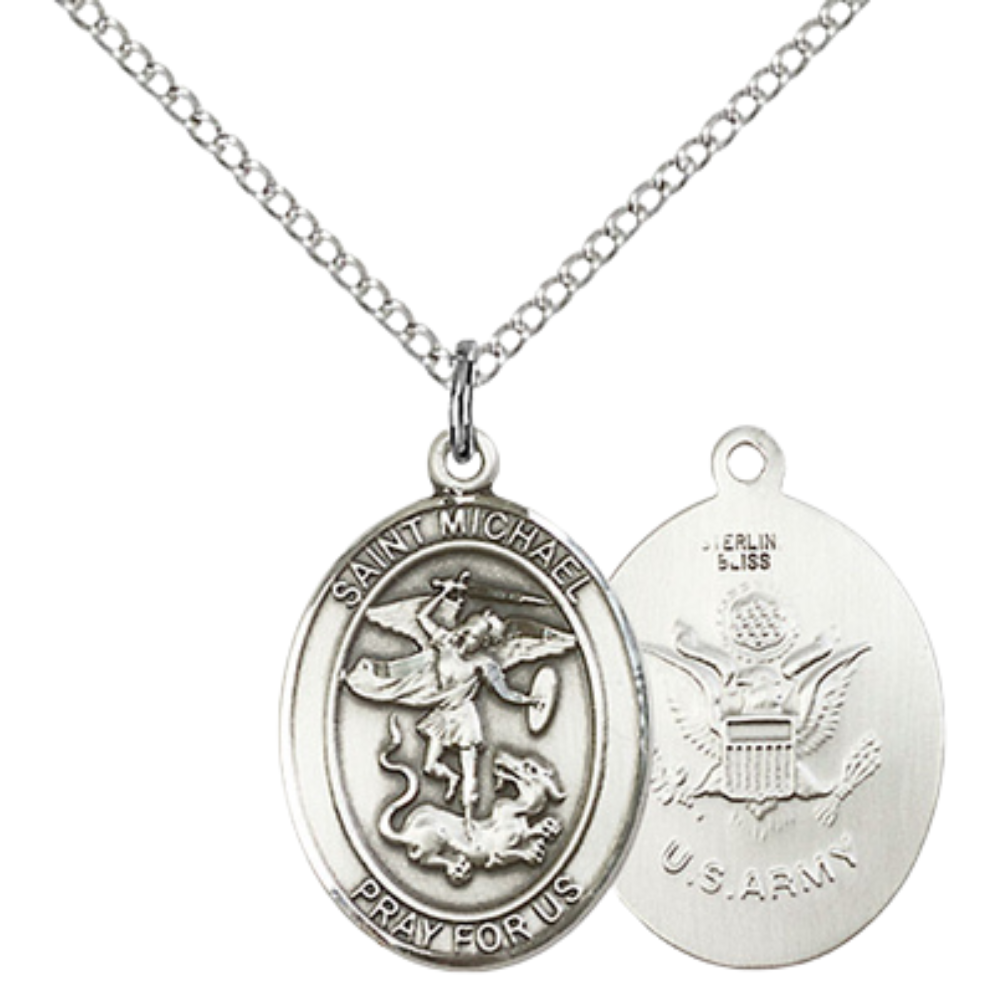 Medium Women's .925 Sterling Silver Saint St. Michael Army Pendant Necklace with 18- Inch Rhodium Plated Lite Curb Brass Chain – Patron Saint St. of Police Officers & EMTs, Catholic Medal – Velvet Gift Box Included