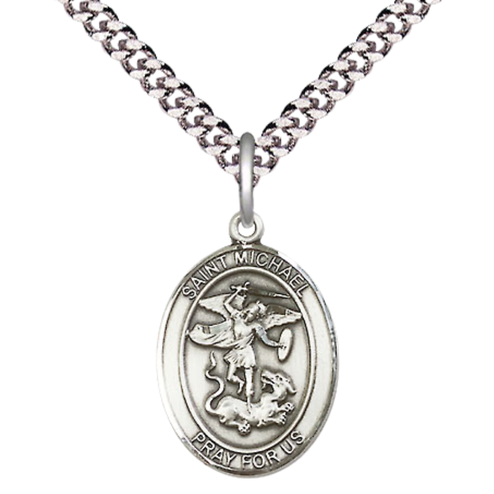 Medium Mens Oval .925 Sterling Silver Saint St. Michael the Archangel Medal Pendant on 24 Inch Rhodium Plated Heavy Curb Brass Chain w/ Lobster Claw Clasp, Catholic Religious Necklace - Made in USA- Gift Boxed