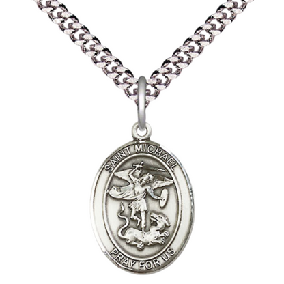 Everlasting Light Jewelry Medium Men's Pewter Patron Saint St. Michael the Archangel Medal Pendant with 24 Inch Rhodium Plated Heavy Curb Chain Catholic Religious Necklace - Made in USA, Deluxe Velvet Gift Box