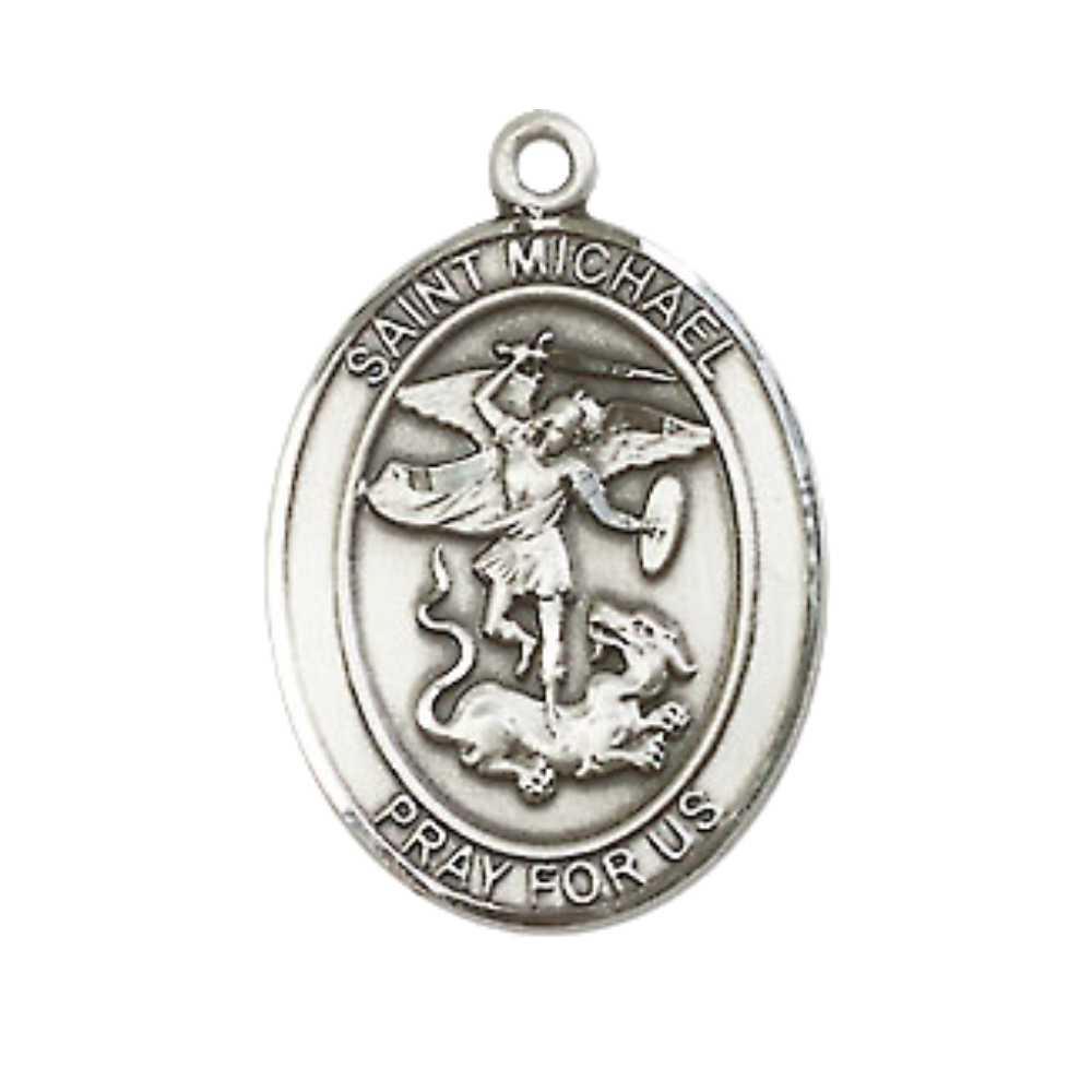 Medium Men's .925 Sterling Silver Patron Saint St. Michael the Archangel Medal Pendant with 24 Inch Rhodium Plated Heavy Curb Chain Catholic Religious Necklace - Made in USA, Deluxe Velvet Gift Box