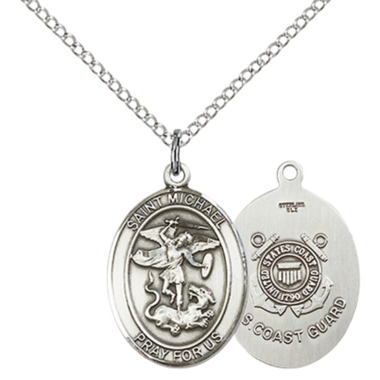 Medium Women's .925 Sterling Silver Saint St. Michael Coast Guard Pendant Necklace with 18- Inch Rhodium Plated Lite Curb Brass Chain, Catholic Medal - Patron Saint. of Police Officers & EMTs – Velvet Gift Box