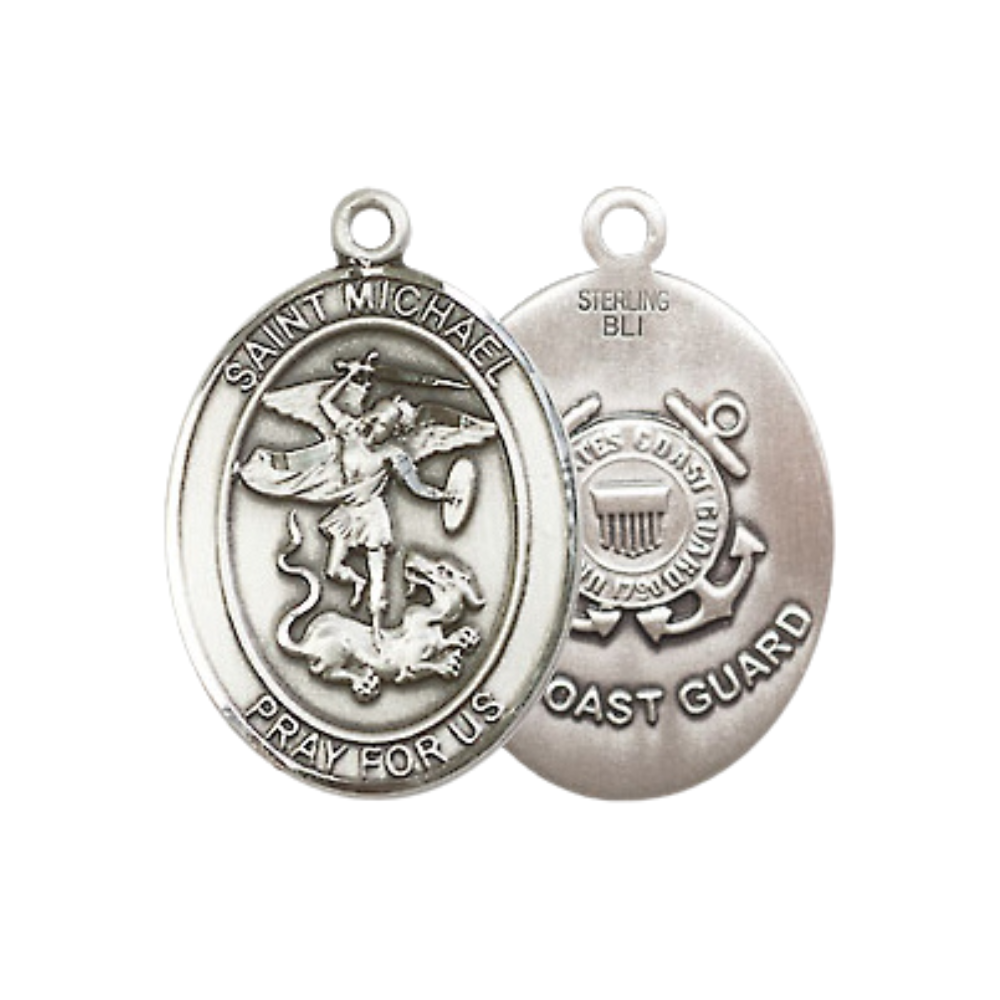 Medium Women's .925 Sterling Silver Saint St. Michael Coast Guard Pendant Necklace with 18- Inch Rhodium Plated Lite Curb Brass Chain, Catholic Medal - Patron Saint. of Police Officers & EMTs – Velvet Gift Box
