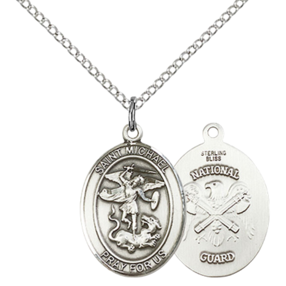 Medium Women's .925 Sterling Silver Saint St. Michael National Guard Pendant Necklace with 18- Inch Rhodium Plated Lite Curb Brass Chain, Catholic Medal - Patron Saint. of Police Officers & EMTs – Velvet Gift Box