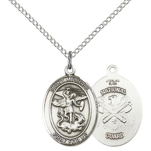 Medium Women's .925 Sterling Silver Saint St. Michael National Guard Pendant Necklace with 18- Inch Rhodium Plated Lite Curb Brass Chain, Catholic Medal - Patron Saint. of Police Officers & EMTs – Velvet Gift Box