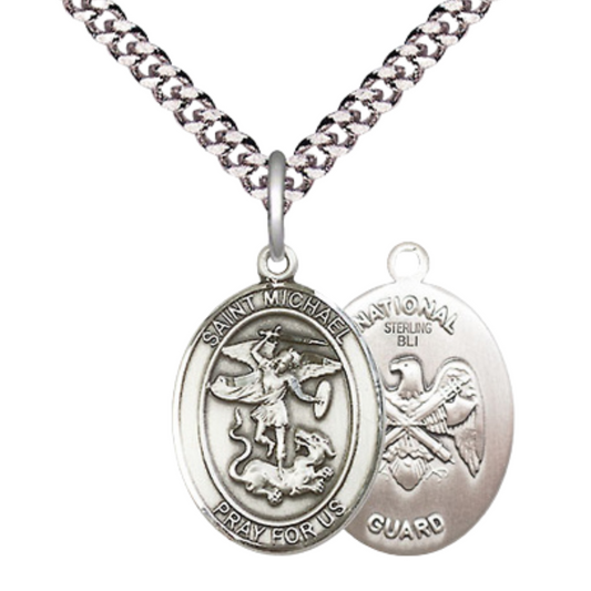 Medium Mens Oval .925 Sterling Silver Saint St. Michael National Guard Medal Pendant on 24 Inch Rhodium Plated Heavy Curb Brass Chain w/ Lobster Claw Clasp, Catholic Religious Necklace - Made in USA- Gift Boxed