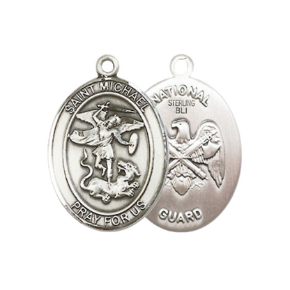 Medium Mens Oval .925 Sterling Silver Saint St. Michael National Guard Medal Pendant on 24 Inch Rhodium Plated Heavy Curb Brass Chain w/ Lobster Claw Clasp, Catholic Religious Necklace - Made in USA- Gift Boxed