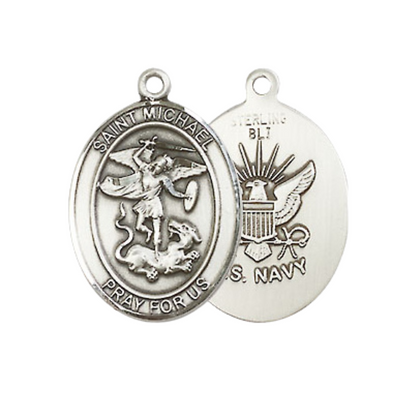 Everlasting Light Jewelry Medium Women's .925 Sterling Silver Saint St. Michael Navy Pendant Necklace with 18- Inch Rhodium Plated Lite Curb Brass Chain, Catholic Medal - Patron Saint. of Police Officers & EMTs – Velvet Gift Box
