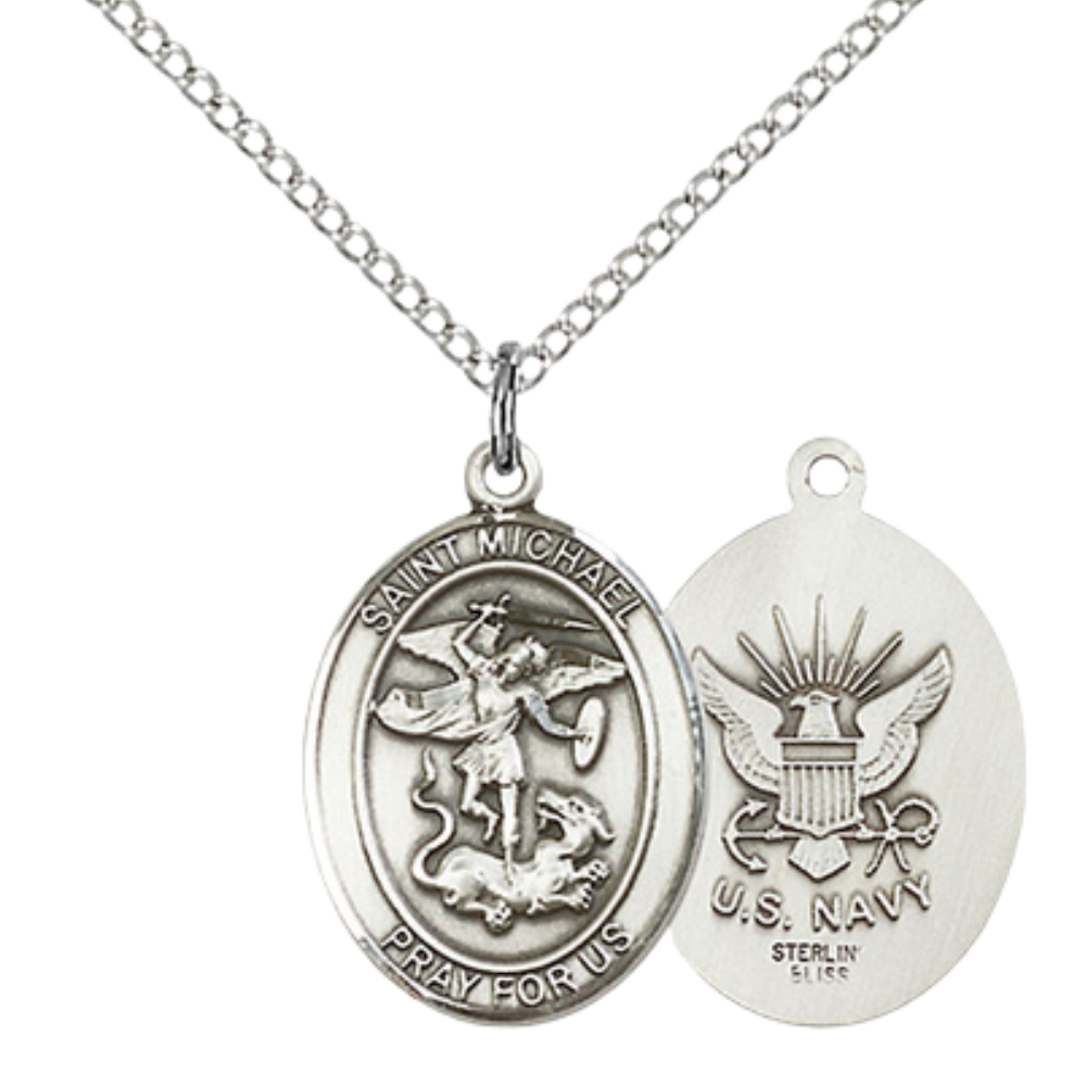 Everlasting Light Jewelry Medium Women's .925 Sterling Silver Saint St. Michael Navy Pendant Necklace with 18- Inch Rhodium Plated Lite Curb Brass Chain, Catholic Medal - Patron Saint. of Police Officers & EMTs – Velvet Gift Box