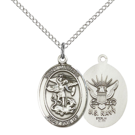 Everlasting Light Jewelry Medium Women's .925 Sterling Silver Saint St. Michael Navy Pendant Necklace with 18- Inch Rhodium Plated Lite Curb Brass Chain, Catholic Medal - Patron Saint. of Police Officers & EMTs – Velvet Gift Box