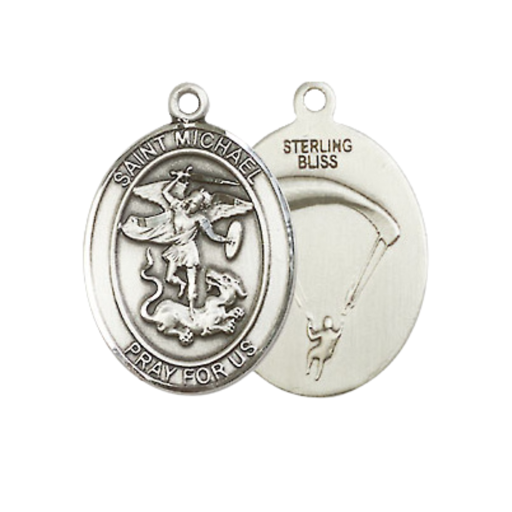 Medium Women's .925 Sterling Silver Saint St. Michael Paratrooper Necklace – ¾” x ½” Medal on 18 Inch Rhodium Plated Lite Curb Brass Chain with Lobster Clasp, Catholic Medal - Patron Saint. of Police Officers & EMTs – Velvet Gift Box