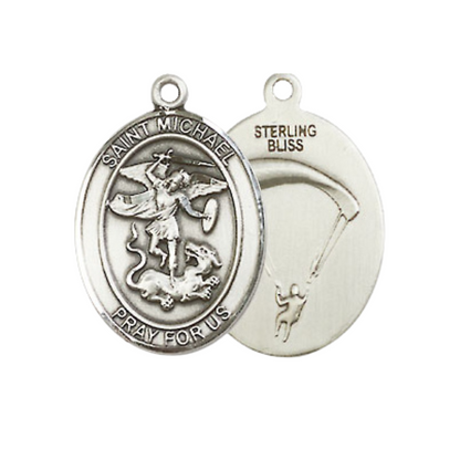 Medium Women's .925 Sterling Silver Saint St. Michael Paratrooper Necklace – ¾” x ½” Medal on 18 Inch Rhodium Plated Lite Curb Brass Chain with Lobster Clasp, Catholic Medal - Patron Saint. of Police Officers & EMTs – Velvet Gift Box