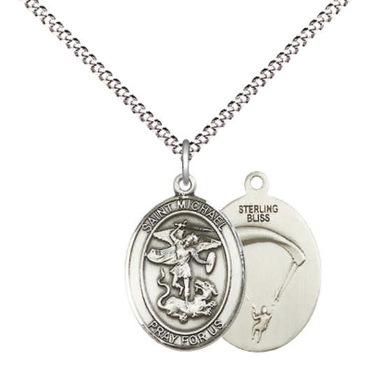 Medium Women's .925 Sterling Silver Saint St. Michael Paratrooper Necklace – ¾” x ½” Medal on 18 Inch Rhodium Plated Lite Curb Brass Chain with Lobster Clasp, Catholic Medal - Patron Saint. of Police Officers & EMTs – Velvet Gift Box