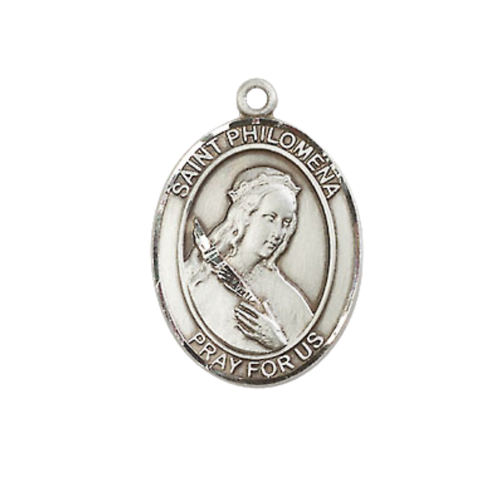 Everlasting Light Jewelry Medium Women's Pewter Saint St. Philomena Pendant Necklace on 18- inch Rhodium- Plated Lite Curb Brass Chain, Catholic Medal - Patron Saint. of Young Offspring– Velvet Gift Box Included