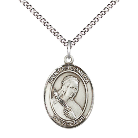 Everlasting Light Jewelry Medium Women's Pewter Saint St. Philomena Pendant Necklace on 18- inch Rhodium- Plated Lite Curb Brass Chain, Catholic Medal - Patron Saint. of Young Offspring– Velvet Gift Box Included