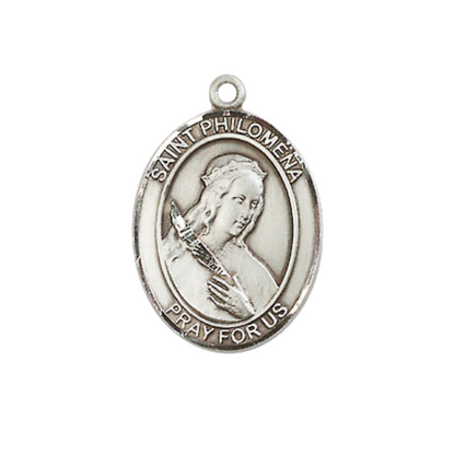 Men's .925 Sterling Silver Saint Philomena Oval Medium Medal Pendant on 24 Inch Endless Rhodium Plated Heavy Curb Brass Chain, Catholic Religious Necklace -Made in USA- Deluxe Velvet Gift Box
