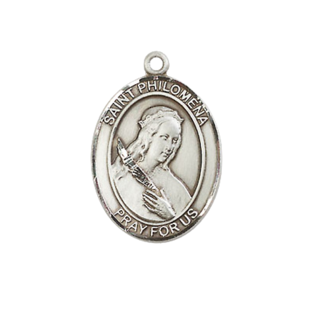 Mens Medium Oval Pewter Saint St. Philomena Medal Pendant on 24 Inch Rhodium Plated Heavy Curb Brass Chain with Lobster Claw Clasp, Catholic Religious Necklace - Made in USA- Deluxe Velvet Gift Box