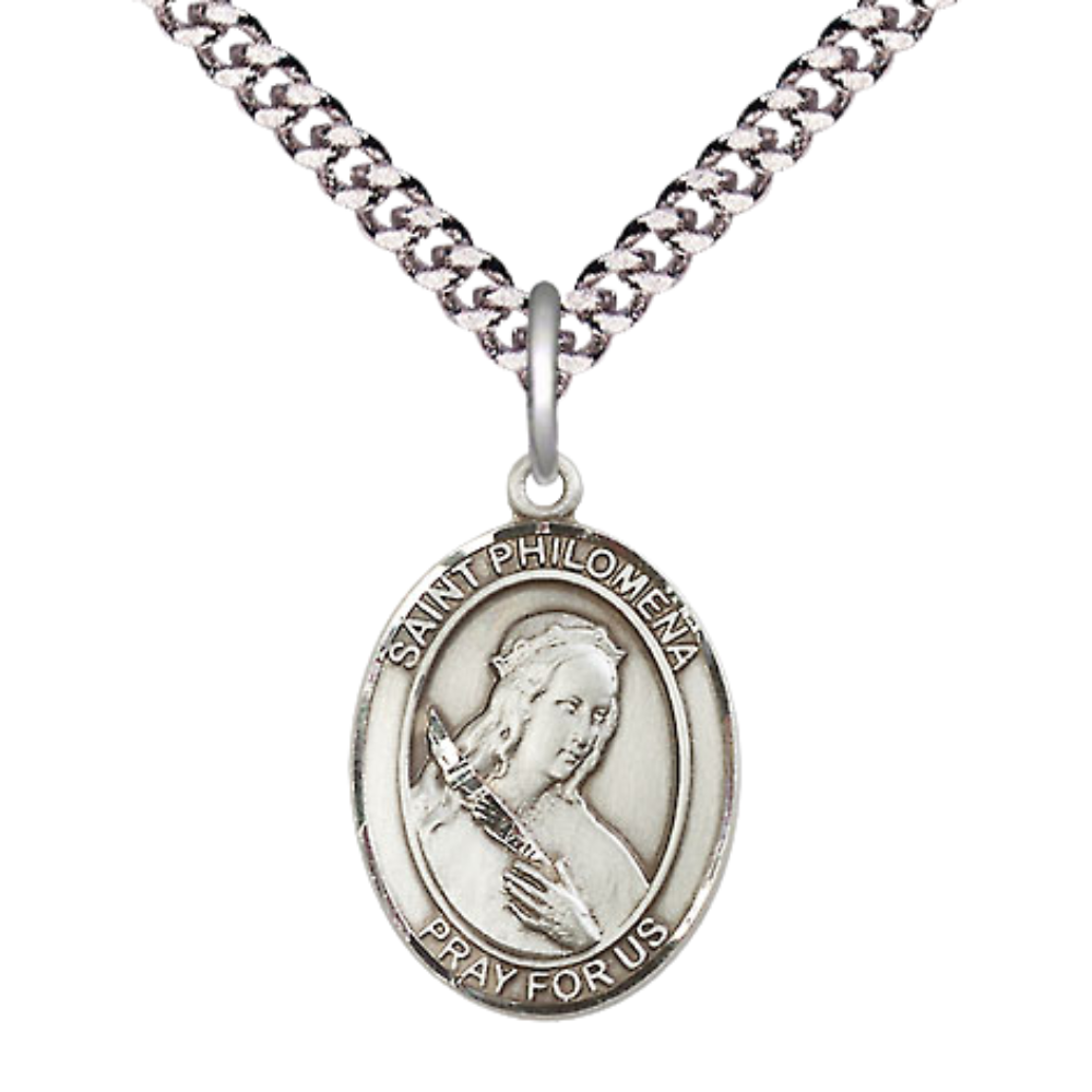 Mens Medium Oval .925 Sterling Silver Saint St. Philomena Medal Pendant on 24 Inch Rhodium Plated Heavy Curb Brass Chain w/ Lobster Claw Clasp, Catholic Religious Necklace - Made in USA- Velvet Gift Box