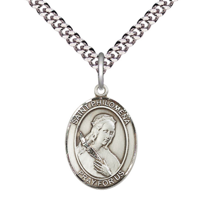 Men's .925 Sterling Silver Saint Philomena Oval Medium Medal Pendant on 24 Inch Endless Rhodium Plated Heavy Curb Brass Chain, Catholic Religious Necklace -Made in USA- Deluxe Velvet Gift Box