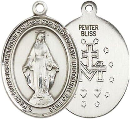 Everlasting Light Jewelry Pewter Miraculous Medal Pendant on 18 Inch Rhodium Plated Lite Curb Brass Chain with Lobster Claw Clasp, Catholic Religious Necklace - Made in USA- Prayer Card Included